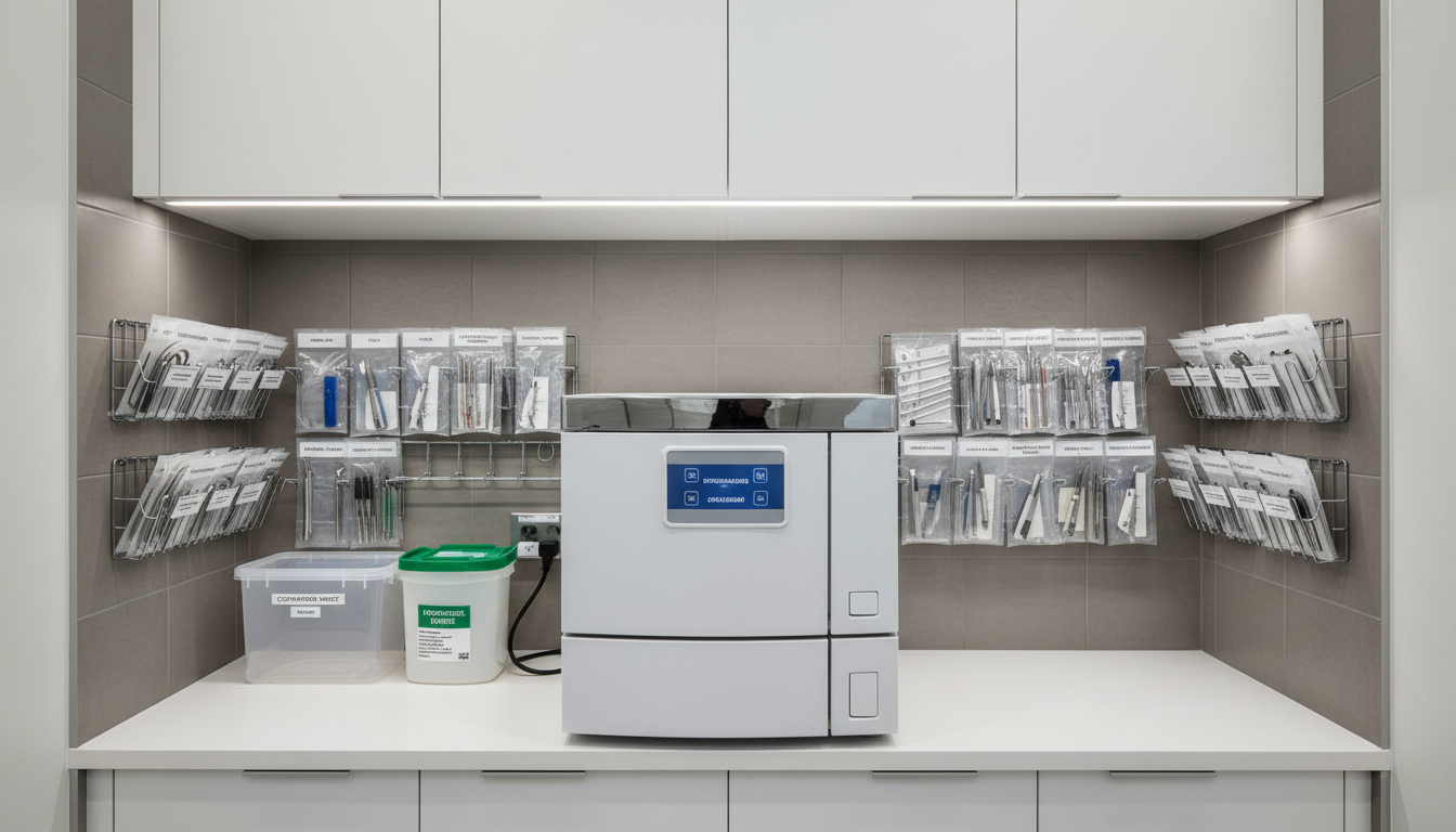 A modern dental sterilization station featuring a high-gloss autoclave with digital touch panel, surrounded by neatly stacked sealed instrument pouches and labeled safety containers. The station is set within a spotless, neutral-toned alcove with smooth tile backsplash and streamlined upper cabinets. Cool, consistent LED lighting creates gentle reflections and crisp contours, reinforcing a sense of clinical safety and methodical workflow. The image is captured from a frontal, eye-level view with symmetrical composition, making the sterilization process feel approachable yet rigorously professional in a photographic, corporate style.