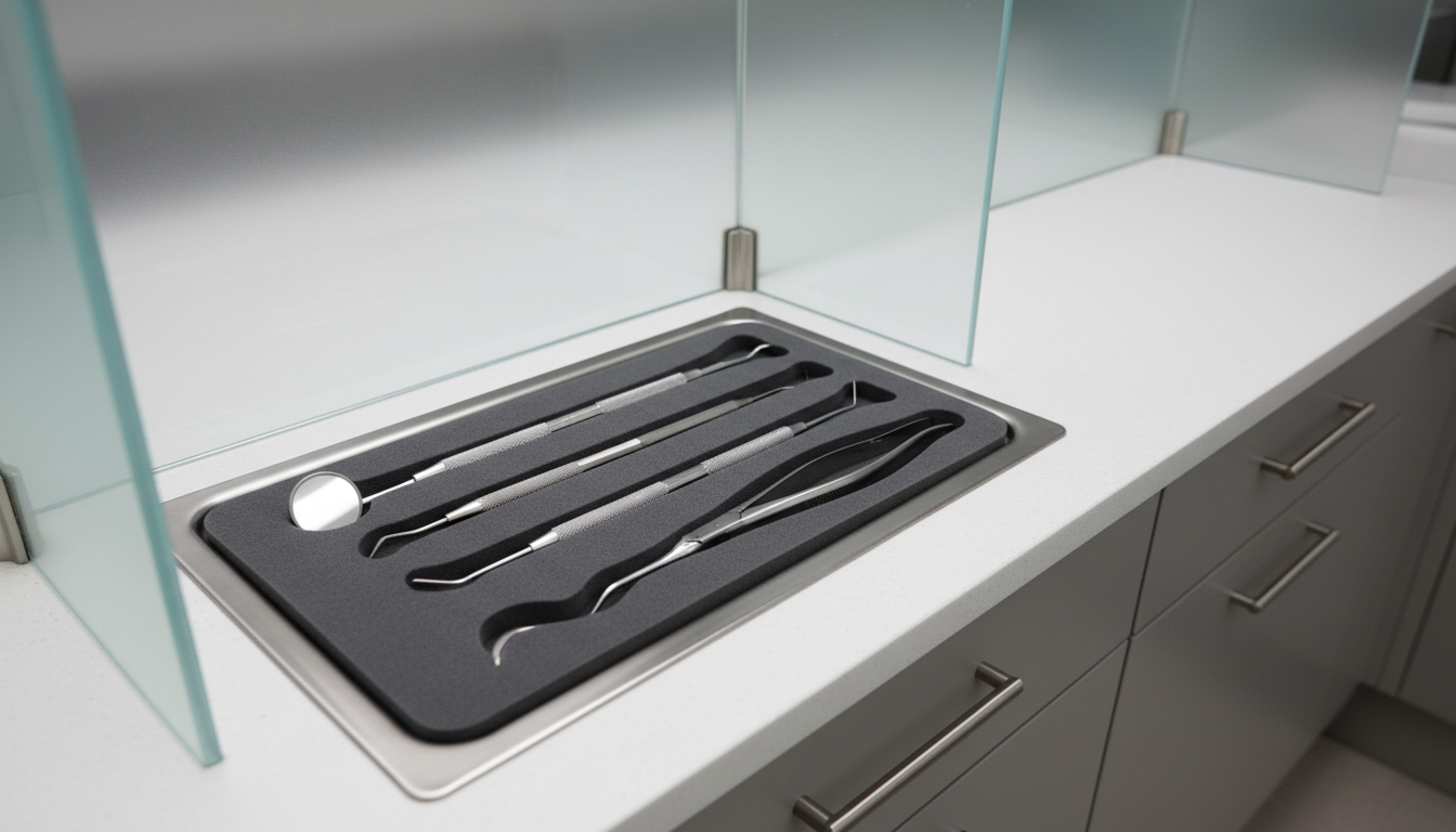 A sleek, stainless steel dental instrument tray neatly organized with polished dental tools—mirror, probe, and forceps—each resting in a custom foam inlay. The tray sits atop an immaculate white quartz countertop in a modern dental operatory, framed by frosted glass privacy dividers and subtle muted gray cabinetry in the background. Neutral overhead LED lighting illuminates the pristine surfaces, casting gentle, structured shadows for a calm, professional mood. Captured from an eye-level perspective with balanced composition and sharp focus, the image exudes a clean, corporate aesthetic, emphasizing precision and organization relevant to dental training and compliance.