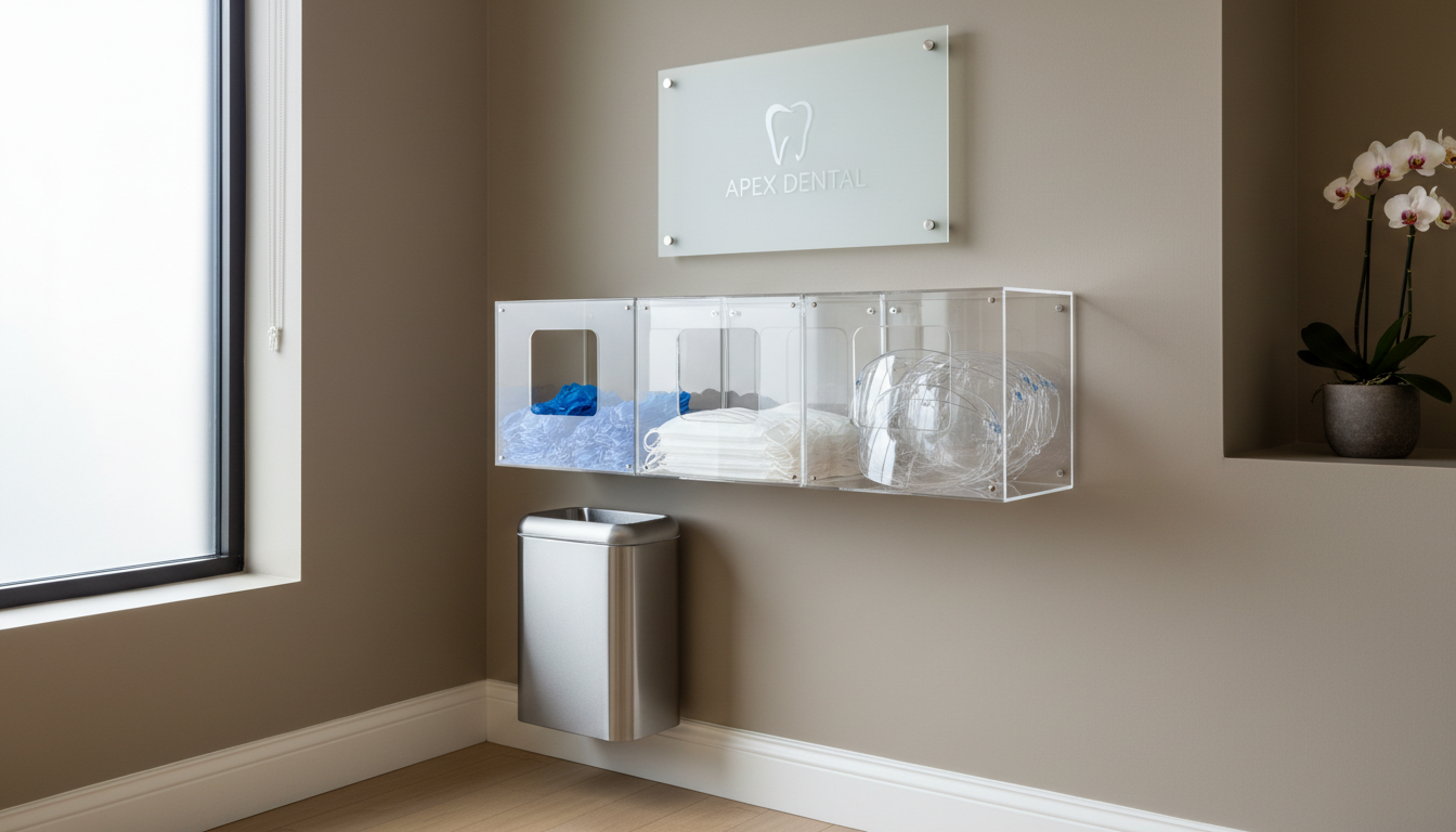 An elegant dental office safety corner displaying a professionally mounted wall dispenser system: blue nitrile gloves, white surgical masks, and clear eye protection organized in separate acrylic bins. The station is located against a refined taupe wall with a frosted glass compliance signage panel mounted above, featuring unobtrusive company branding. Even, natural light from a nearby window gently fills the area, creating soft shadows and a transparent, reassuring atmosphere. Photographically captured at a slight side angle with a structured layout, the scene conveys a sense of calm preparedness and dedication to best practices in dental environments.